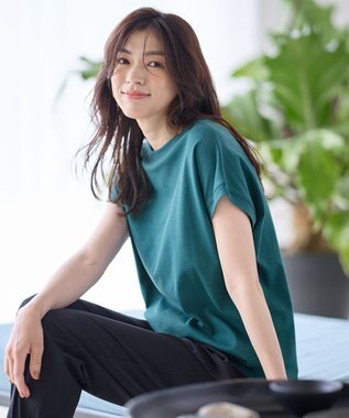 ANY 【UVケア/接触冷感】モックネックフレンチスリーブＴシャツ ピーコックグリーン