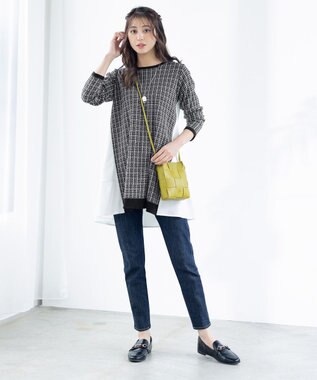 Tiaclasse 【洗える】ツイード2段フレアチュニックブラウス ブラック