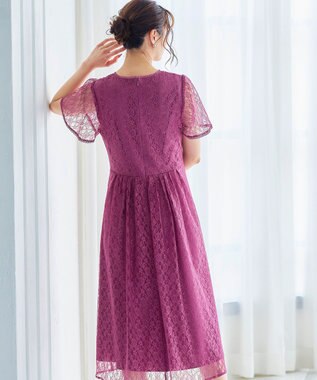 Tiaclasse L 【洗える】フレアスリーブ総レースワンピース モーヴピンク