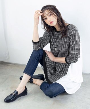 Tiaclasse 【洗える】ツイード2段フレアチュニックブラウス ブラック