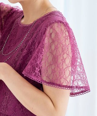 Tiaclasse L 【洗える】フレアスリーブ総レースワンピース モーヴピンク