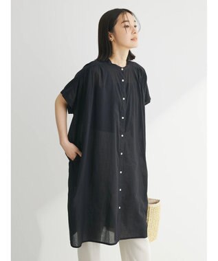 Green Parks インド綿　パイピングバンドカラーシャツチュニック Black