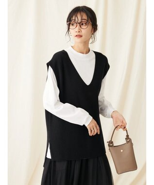 CRAFT STANDARD BOUTIQUE 【2点セット】洗える 60/2 14G片畦Vネックベスト+ロンTEE SET Black