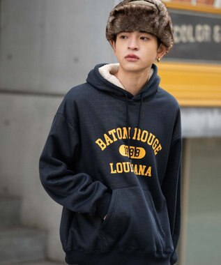 WEGO 【ユニセックス着用ITEM/裏起毛】カレッジロゴボアパーカー ネイビー