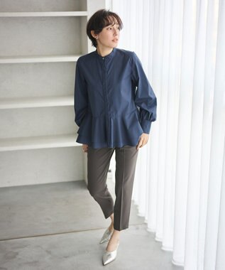 #Newans 【シワになりにくい/洗濯機可能】ダブルフリルヘムシャツ ネイビー