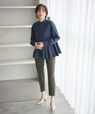 #Newans 【シワになりにくい/洗濯機可能】ダブルフリルヘムシャツ ネイビー