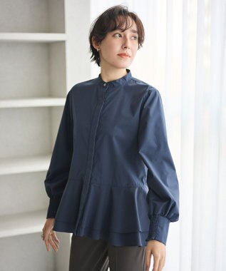 #Newans 【シワになりにくい/洗濯機可能】ダブルフリルヘムシャツ ネイビー