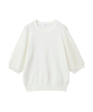 Green Parks 袖プリーツドッキング５分袖ニットプルオーバー Off White