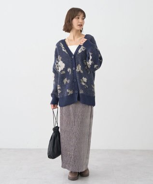 earth music&ecology フラワージャガードラメシャギーカーディガン Navy