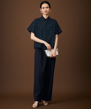 自由区 L 【17号サイズまで展開・WEB&一部店舗限定・サラリ触感】コットンサッカープリント シャツ ネイビー×オフ
