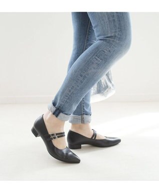 Pointer 日本製 本革ストラップ付きローヒールパンプス ブラック