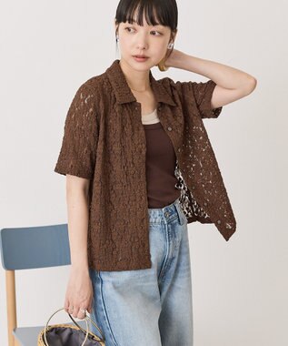 AMERICAN HOLIC 半袖襟付きレースカーディガン Brown