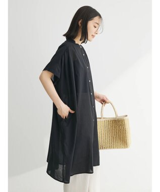 Green Parks インド綿　パイピングバンドカラーシャツチュニック Black