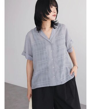 Green Parks シアーチェック開襟ブラウス Grayish Blue