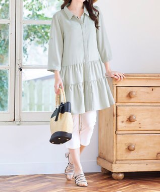 Tiaclasse L 【洗える】1枚で大人華やぐ2段ティアードシャツチュニック ミント