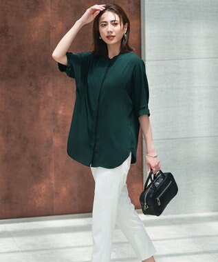 ICB L 【人気のため新色追加・接触冷感・UVケア・速乾・洗える】BackSatinAmunzen 5分袖バンドカラーブラウス ディープパイン系