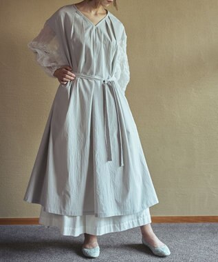 muuc キャッチ袖ワンピース〈日本製〉〈上品な透け感〉〈ベルト付きでAラインも〉〈体型カバー・フリーサイズ〉〈モードな異素材・オーガニックコットン使用〉