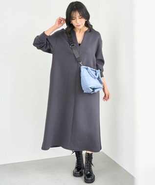 UNFILO BEAUTY FORM JERSEY キーネックワンピース チャコール