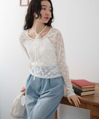 WEGO チョーカーリボン付きレースロンT ホワイト