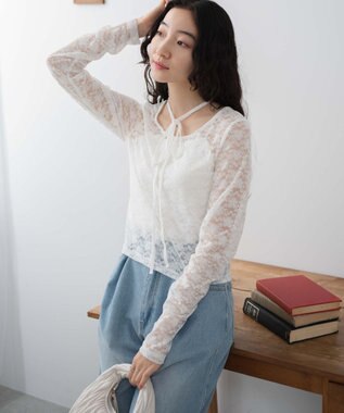 WEGO チョーカーリボン付きレースロンT ホワイト