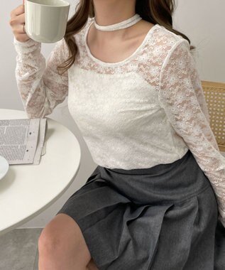 WEGO チョーカーリボン付きレースロンT ホワイト