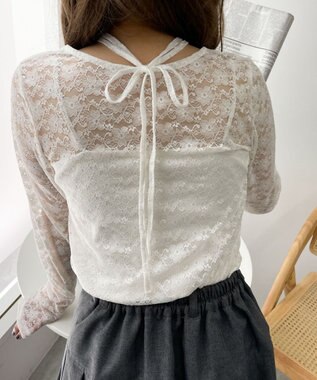 WEGO チョーカーリボン付きレースロンT ホワイト