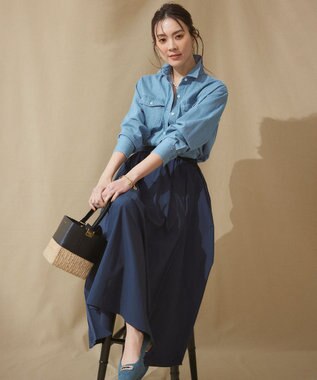 23区 【洗える】ハイカウントライトタフタ ギャザースカート ブルー系