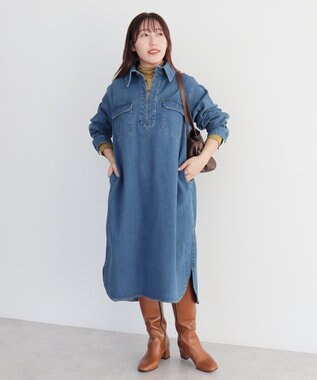 CRAFT STANDARD BOUTIQUE 裏起毛デニムヘンリーワンピース Blue