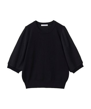 Green Parks 袖プリーツドッキング５分袖ニットプルオーバー Black