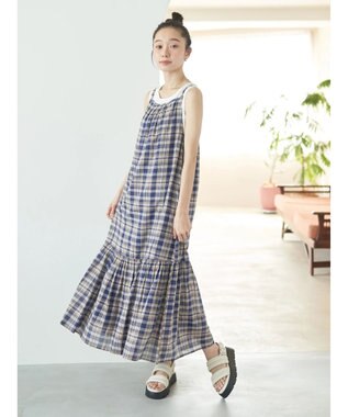 earth music&ecology マドラスチェックキャミワンピース Navy