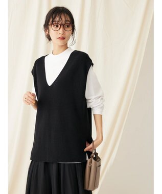 CRAFT STANDARD BOUTIQUE 【2点セット】洗える 60/2 14G片畦Vネックベスト+ロンTEE SET Black