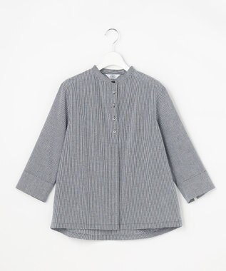 J.PRESS LADIES リネンminiチェック バンドカラー ブラウス ネイビーギンガム系