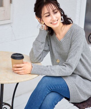 Tiaclasse L 【洗える】幅広く活躍が期待できるVネックリブニットチュニック グレー