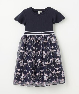 ANY KIDS 刺繍 チュール ワンピース ネイビー