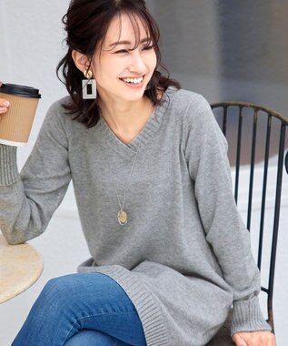 Tiaclasse L 【洗える】幅広く活躍が期待できるVネックリブニットチュニック グレー