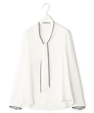 ICB L 【接触冷感・UVケア・速乾・洗える】BackSatinAmunzen 配色ボウタイブラウス オフホワイト系