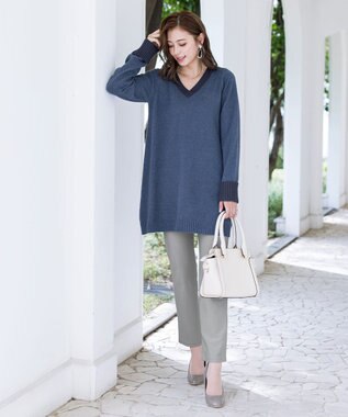 Tiaclasse L 【洗える】Vネックリブニットチュニック ブルーチャコール