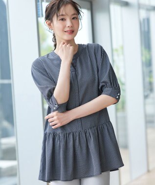 Tiaclasse L 取り外しリボン襟プリント柄ティアードチュニック ネイビーチェック