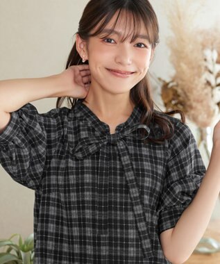 Tiaclasse L 取り外しリボン襟プリント柄ティアードチュニック ブラックチェック
