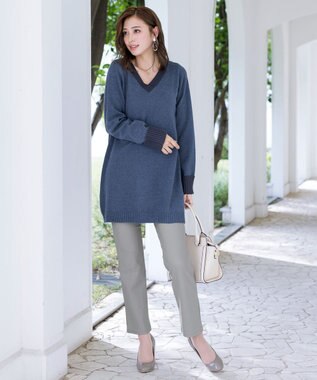 Tiaclasse L 【洗える】Vネックリブニットチュニック ブルーチャコール