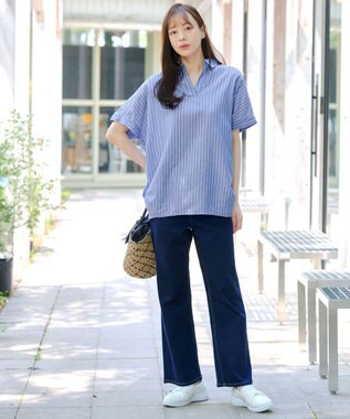 Tiaclasse 【洗える】 リネンミックススキッパーシャツ サックスストライプ