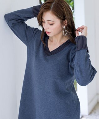 Tiaclasse L 【洗える】Vネックリブニットチュニック ブルーチャコール