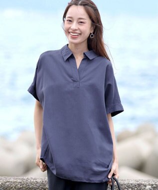 Tiaclasse 【洗える】 リネンミックススキッパーシャツ ブルー