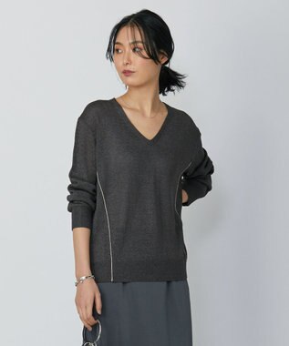 ICB 【WEB限定カラーあり・洗える】ペーパーブレンドシャインニット Vネックプルオーバー チャコール系