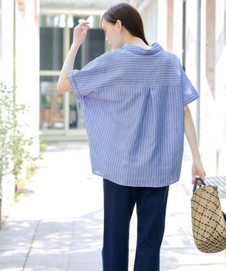 Tiaclasse 【洗える】 リネンミックススキッパーシャツ サックスストライプ