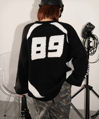 WEGO 配色スポーツグラフィックフラッフィーニットプルオーバー ブラック