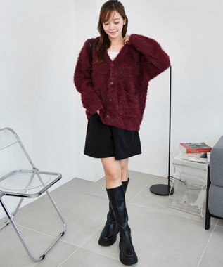 WEGO 【2025秋冬新作/ユニセックス着用ITEM/SMLサイズ展開】フェザーニットカーディガン ワイン