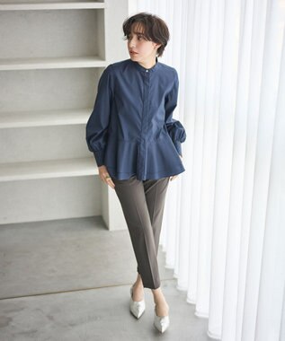 #Newans 【シワになりにくい/洗濯機可能】ダブルフリルヘムシャツ ネイビー