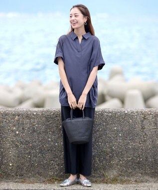 Tiaclasse 【洗える】 リネンミックススキッパーシャツ ブルー