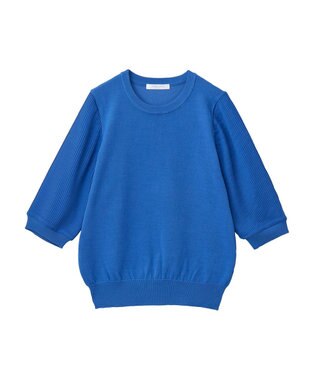 Green Parks 袖プリーツドッキング５分袖ニットプルオーバー Blue